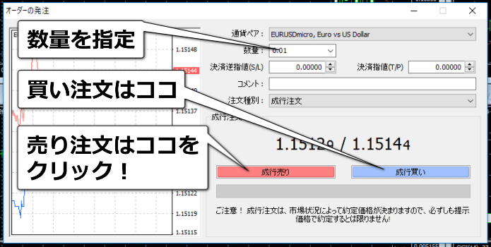 数量を指定して売か買かを選択