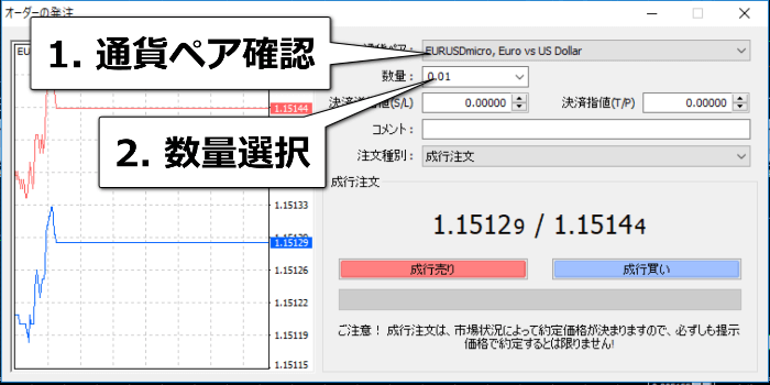 通貨ペアと数量を指定