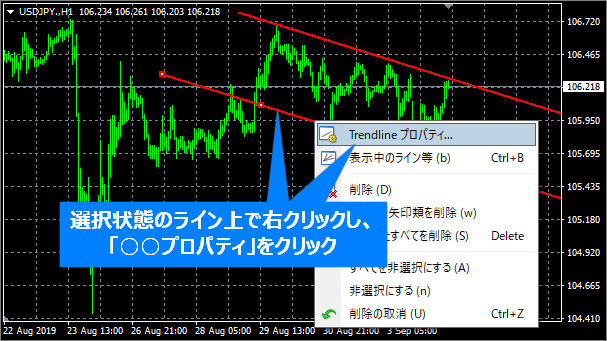 選択状態のライン上で右クリックすると表示されるメニュー