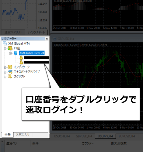 口座番号をダブルクリックして別の口座にログイン