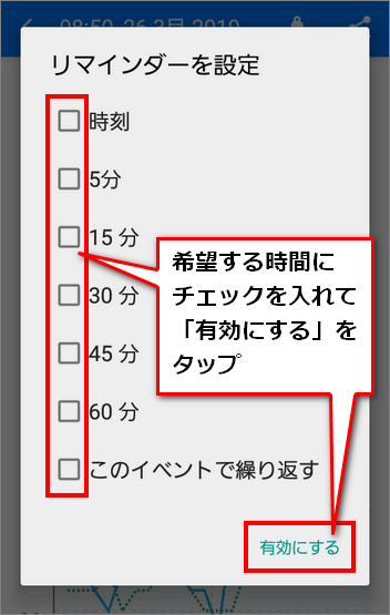 Tradaysアラート設定画面で希望時間にチェックを入れて有効にするをタップ