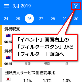 Tradaysイベント画面右上のフィルターボタン