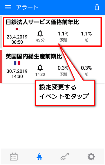 設定変更するイベントをTradaysアラートリストから選択