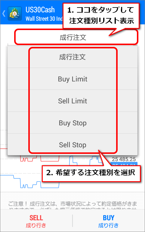 デフォルトで成行注文と表示されている部分をタップすると、注文種別リストが表示されるので、希望する注文種別を選択する