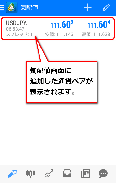 気配値画面に戻ると、追加した通貨ペアが表示されている。