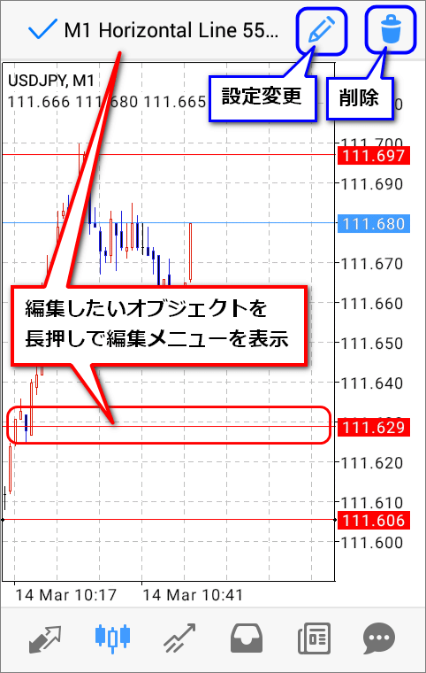 編集したいオブジェクトを長押しすると画面上部に編集メニューが表示される。メニュー右側にある鉛筆マークで設定変更、ゴミ箱マークで削除が可能