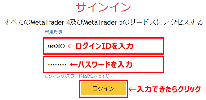 MQL5コミュニティサインインの入力例