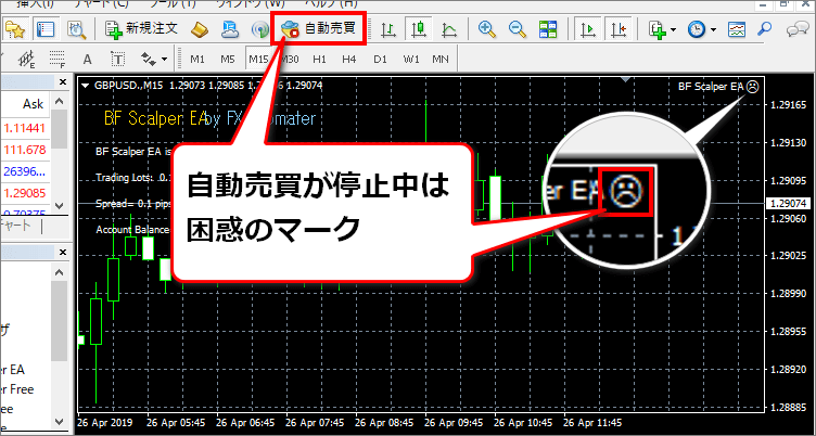 自動売買が停止中は困惑のマーク