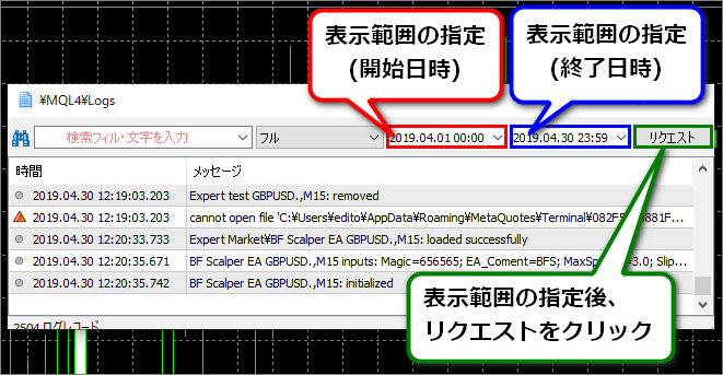 開始日時の指定とリクエストボタン