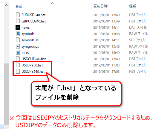 今回はUSDJPYの末尾が「.hst」となっているファイルのみ削除(今回はUSDJPYのヒストリカルデータをダウンロードするため)