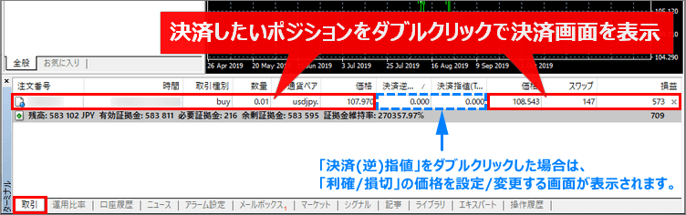 ポジションをダブルクリックして決済画面を表示
