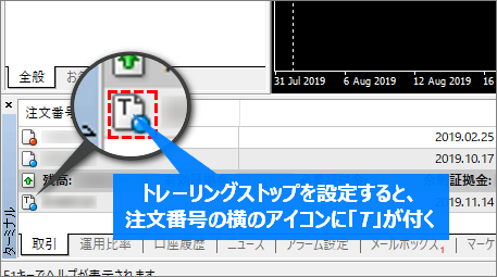 トレーリングストップを設定すると注文番号横のアイコンにTマークが付く