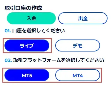 FXGT 口座タイプとプラットフォーム選択画面