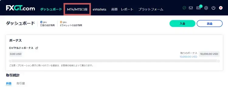FXGT クライアントポータル画面