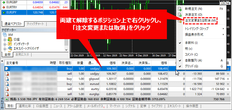 XMのMT4で両建て解除する手順1