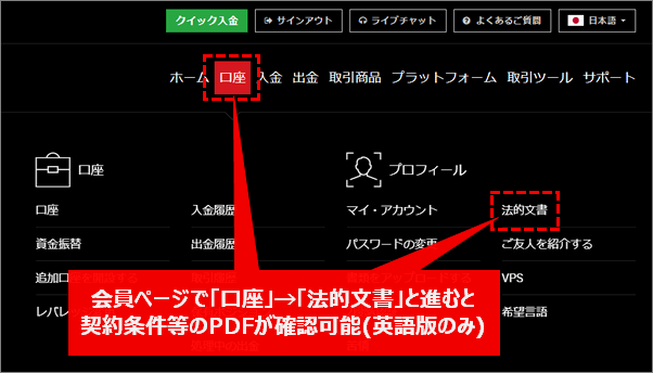 XM会員ページの「口座」「法的文書」のボタン