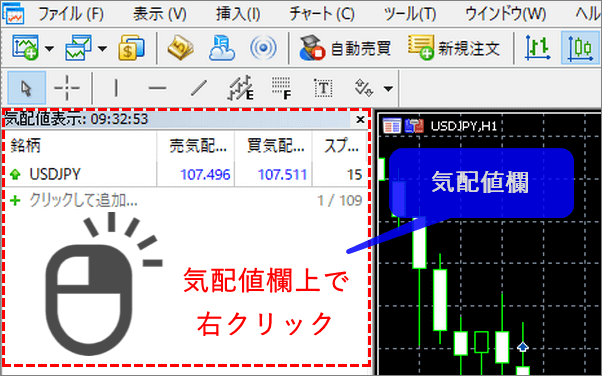 MT5気配値表示上を右クリックする様子