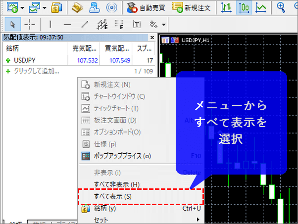 MT５、表示されたメニューから「すべて表示」を選択する様子