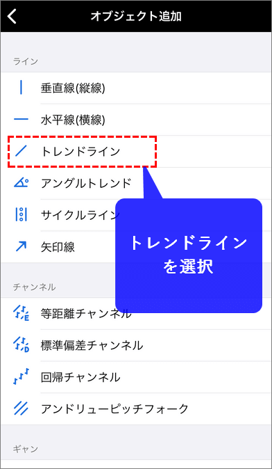 MT5スマホ版、オブジェクト追加画面から好きなオブジェクトを選択する様子