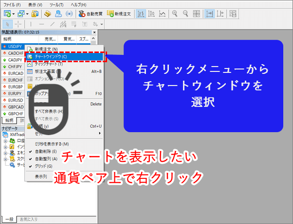 MT5、気配値表示上の銘柄を右クリックし、チャートウィンドウをクリックする様子