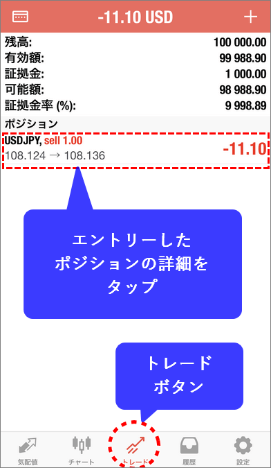 MT5スマホ版トレード画面