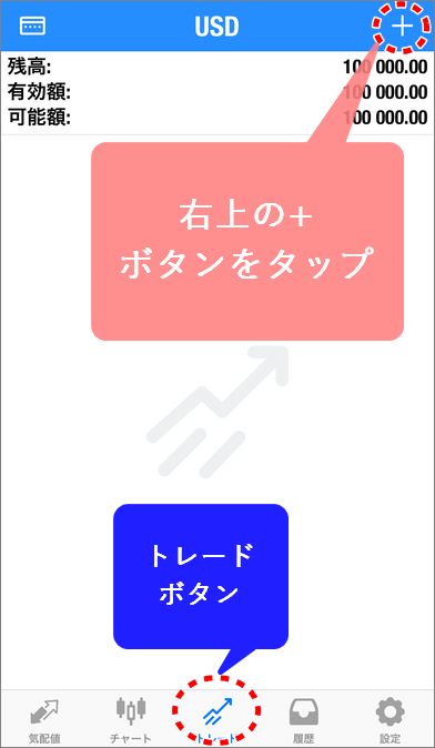 MT5スマホ版トレード画面