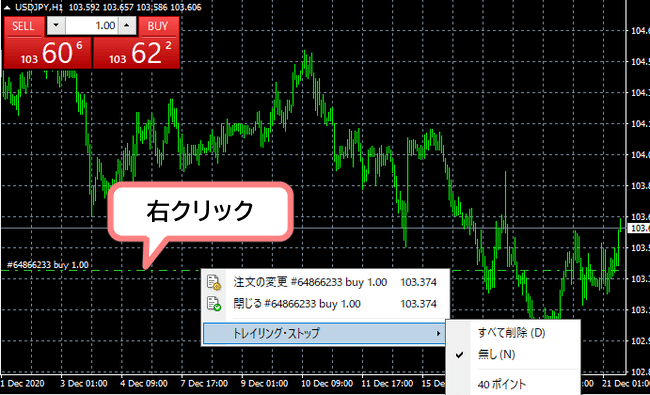 トレーリングストップの表示方法