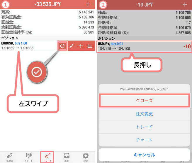 ポジション左スワイプしてチェック押す 長押ししてクローズ押す