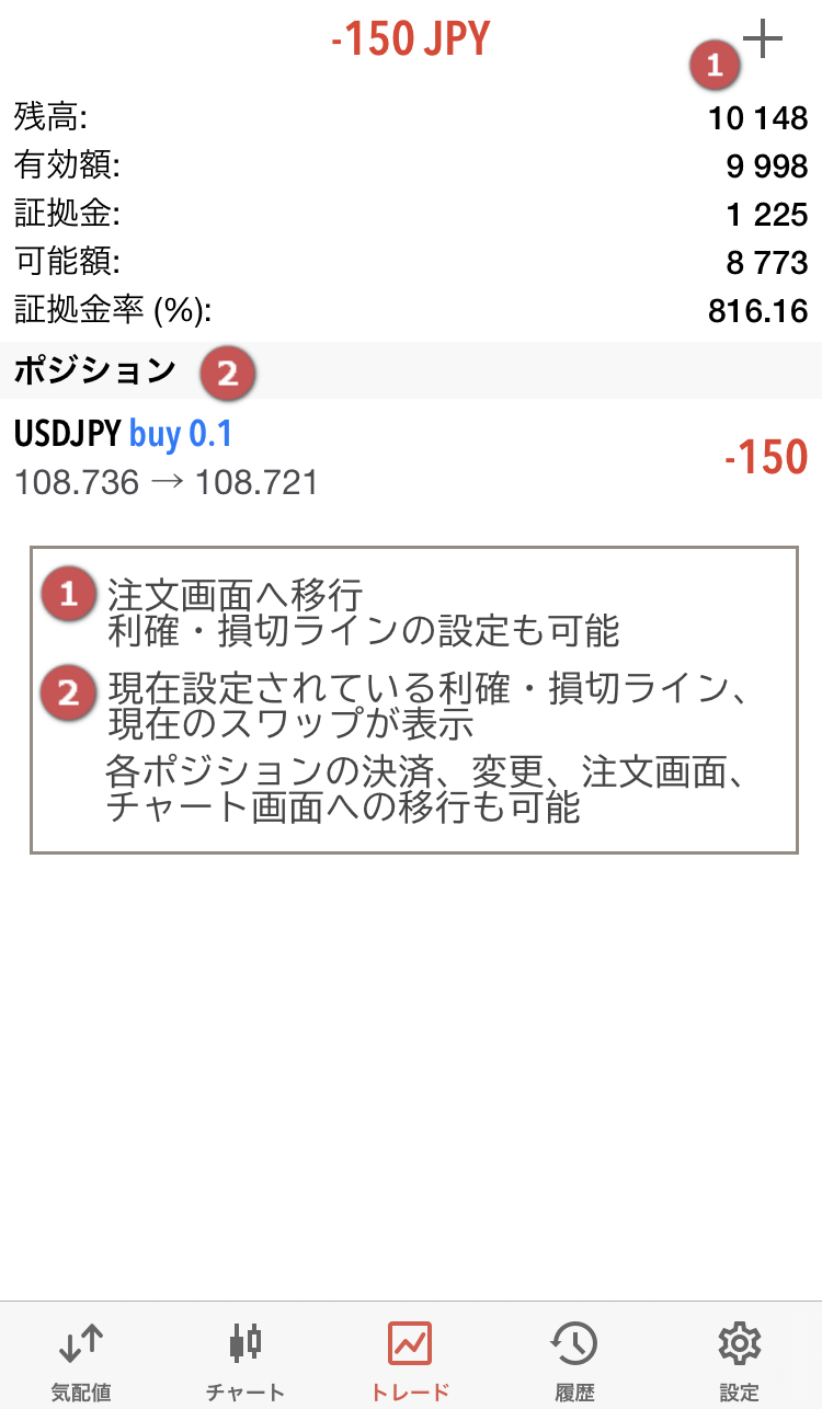 MT5アプリトレード画面