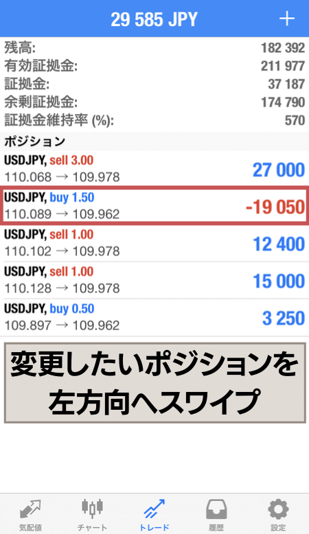 ポジションのスワイプ操作