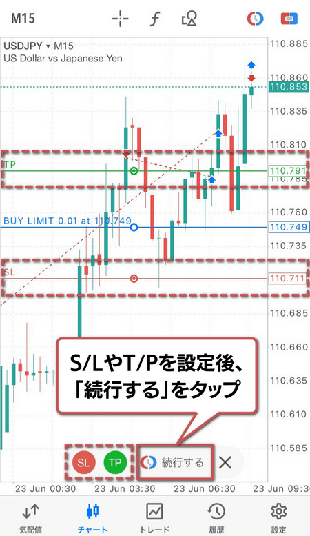 S/LやT/Pを設定後、「続行する」をタップ