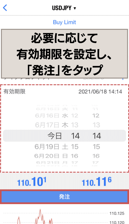 注文の有効期限を設定し『発注』をタップ