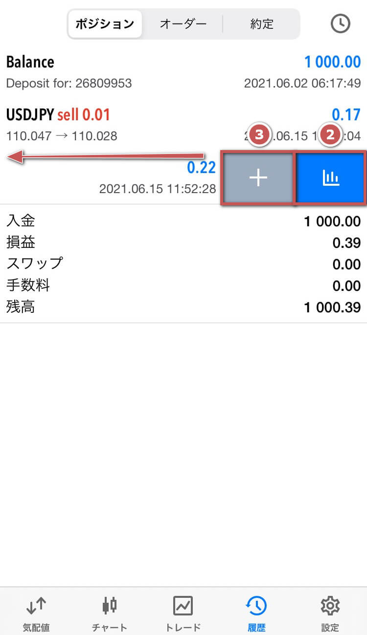 取引履歴をスワイプ