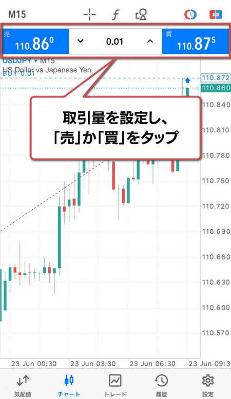 取引量を設定し、「売」か「買」をタップ