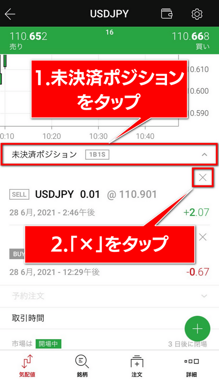 XMアプリ、ポジション決済、チャート画面から