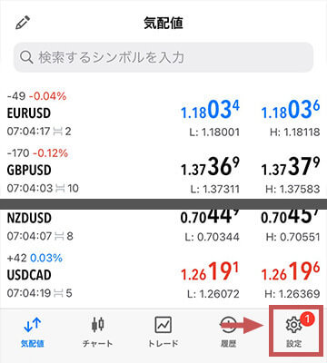 ExnessMT5設定ボタンの位置