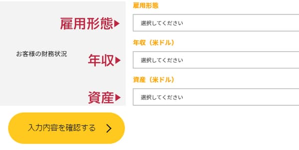 雇用形態・年収・資産の入力例