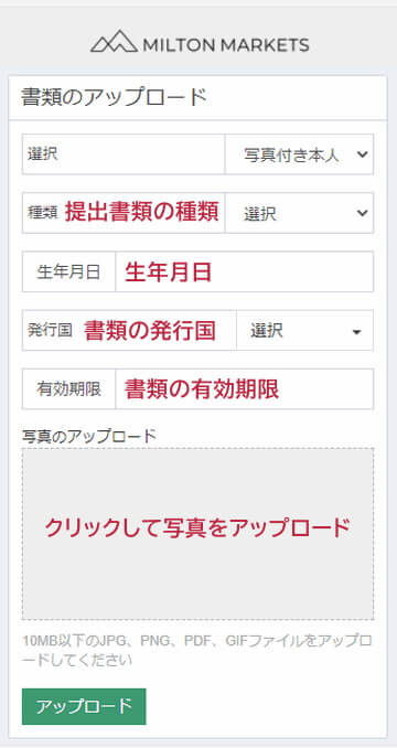 ミルトンマーケッツ本人確認書類アップロードフォームモバイル版