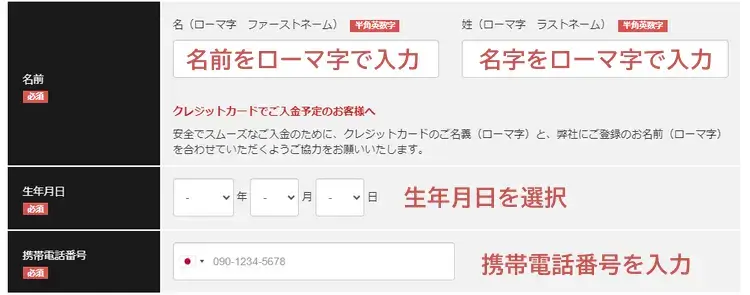 BigBoss口座開設-名前/生年月日/携帯番号の入力画面