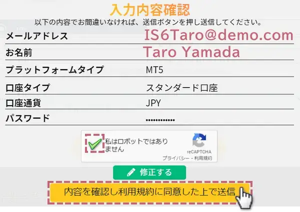 入力内容を確認し利用規約に同意した上で送信ボタンをクリック