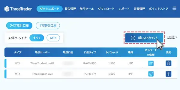 ThreeTraderの追加口座を開設する方法1-ダッシュボードで「新しいアカウント」をクリックPC版