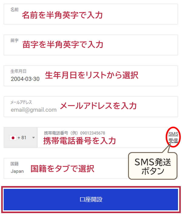 LandFXエクスプレス口座開設入力例