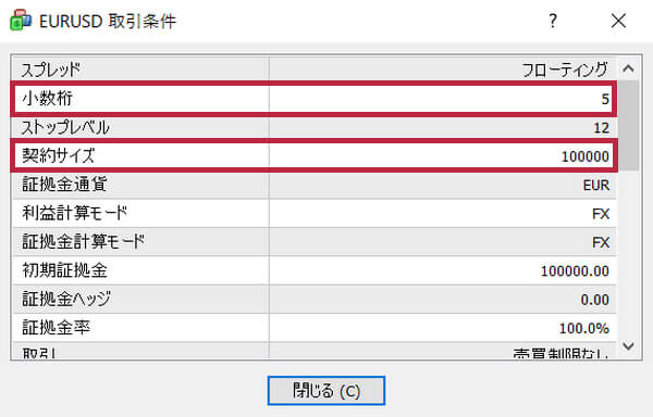 Land Prime-MT4の取引条件から小数桁と契約サイズを確認