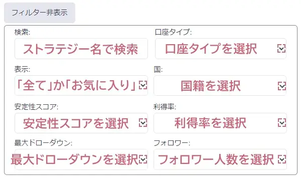 HFコピーのやり方-ストラテジー一覧はフィルターで絞り込みできる