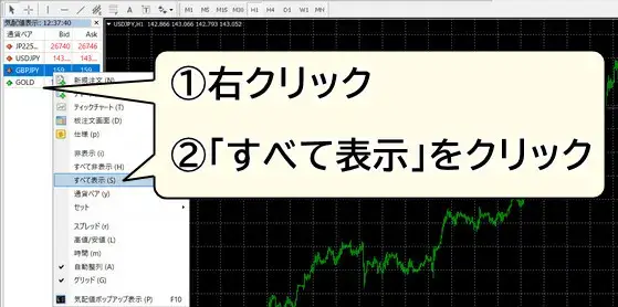 MT4/MT5の気配値欄を右クリックして「すべて表示」をクリック