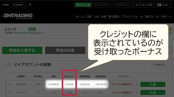 XM受け取ったボーナス確認画面