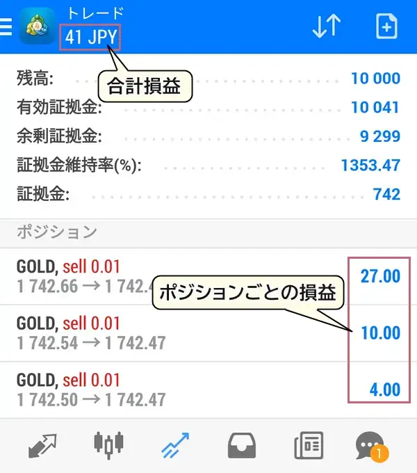 XMゴールド損益の確認方法画面