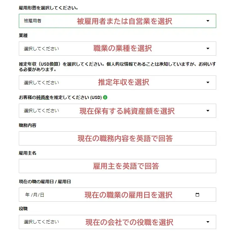 XM投資家プロフィールの登録2(被雇用者・自営業)