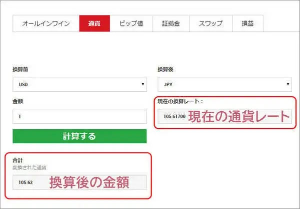 XM通貨換算機の換算結果