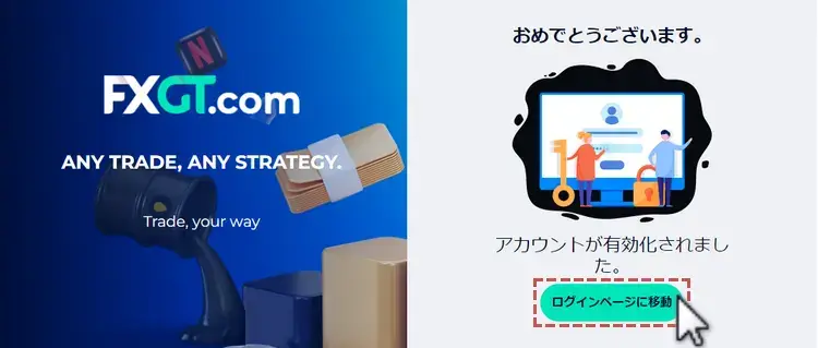 FXGTデモ口座の開設-登録メールアドレスの認証完了画面